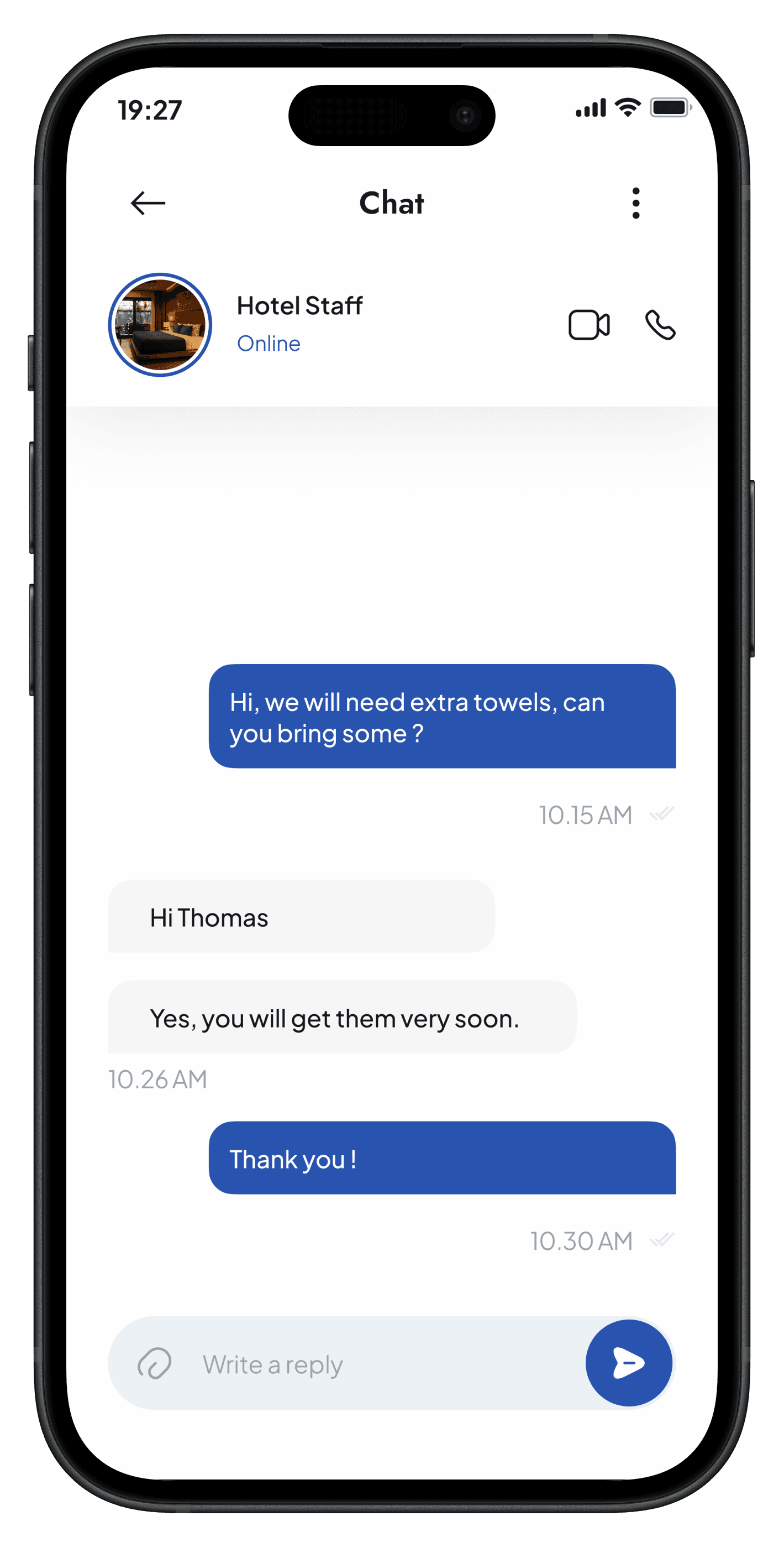 Hotells hotel guest app chat screen for guest-staff communication