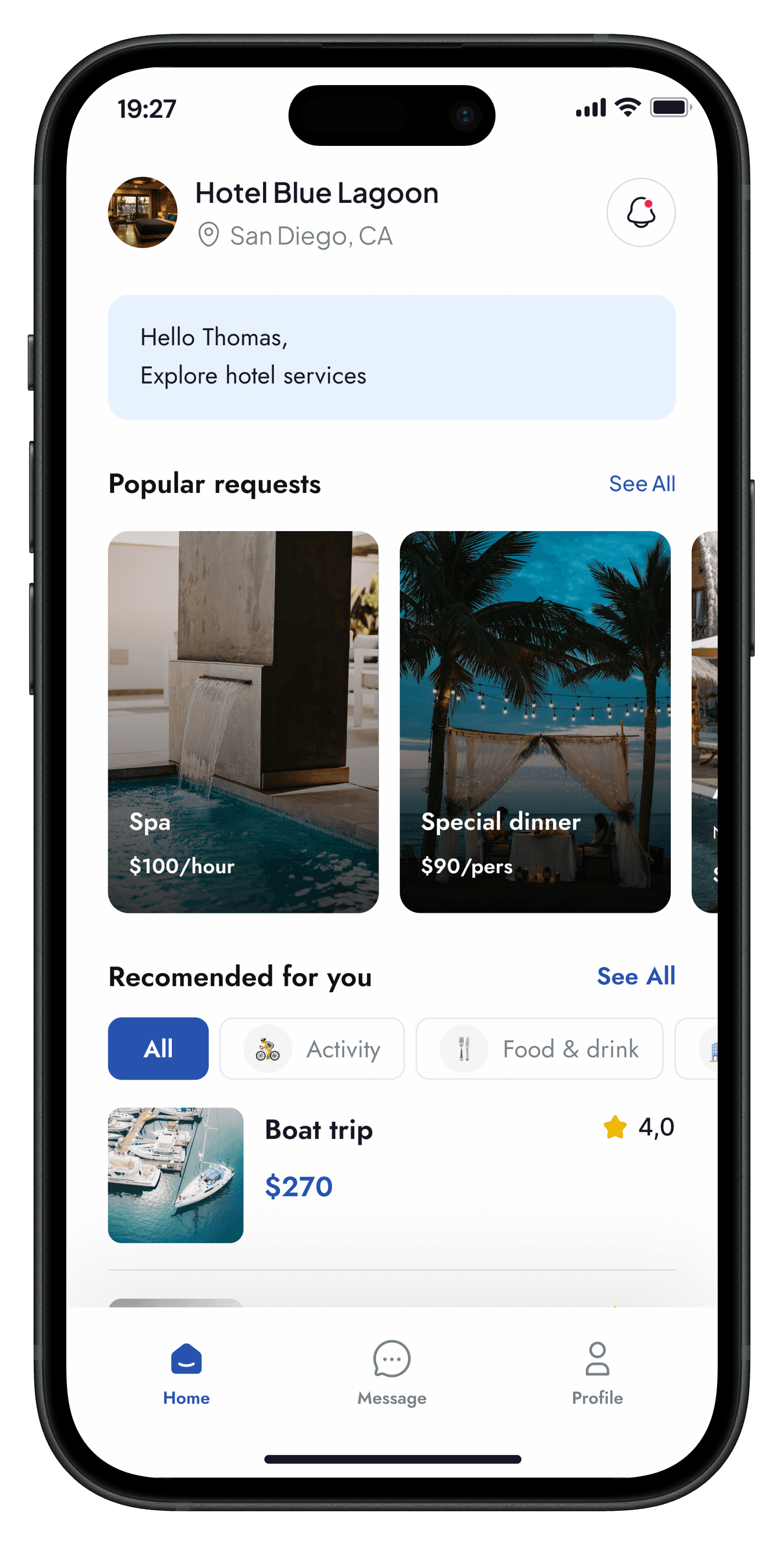 Hotells hotel guest app home screen showing guest interface